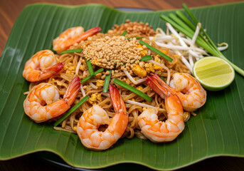 Pad Thai with prawns served on a banana leaf	