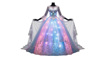 Elegant glowing princess gown with multicolored LED lights on a mannequin for fantasy fashion. isolated PNG with Transparent Background