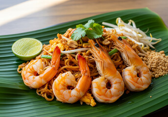Pad Thai with prawns served on a banana leaf	