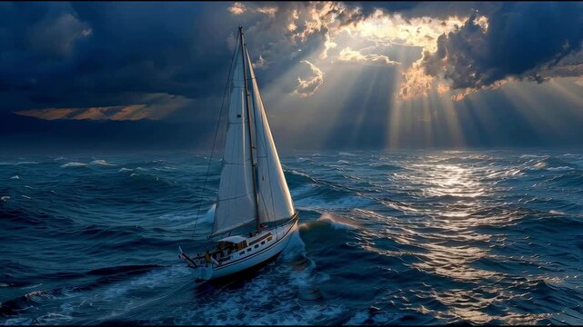 Sailing through sunlit waves as clouds part in a stunning ocean adventure at dusk