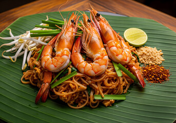 Pad Thai with prawns served on a banana leaf	