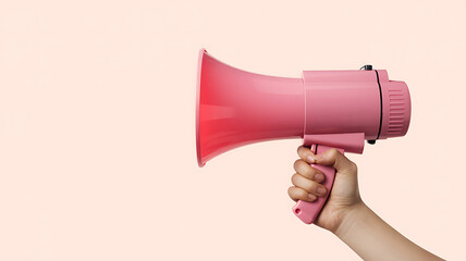 Hand holding a pink megaphone against a soft peach background
