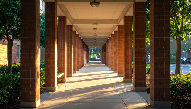 Brick Colonnade Pathway, Park Entrance, Green Trees - Powered by Adobe
