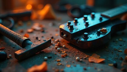 Blurred image of thrashing instruments and equipment, blurred, noise