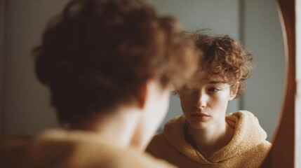 Close-up of a young woman's face in front of a mirror. she is looking at her reflection with a serious expression on her face. the woman has curly hair and is wearing a beige hoodie.