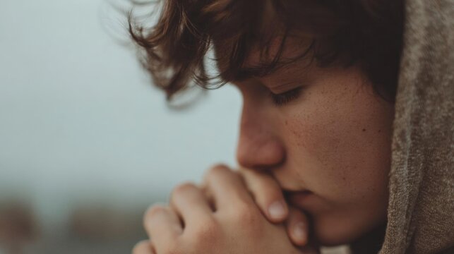 Close-up of a young boy's face, with his eyes closed and his hands clasped together in prayer. he appears to be deep in thought or contemplation.