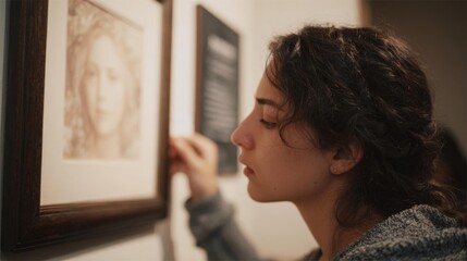 Young woman with shoulder-length dark hair, wearing a gray sweater, hanging a framed portrait on a wall. she is looking down at the frame with a thoughtful expression on her face.
