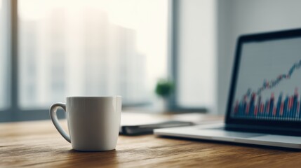 A calm workspace featuring a coffee mug beside a laptop with a graph, suggesting productivity and focus in a modern environment.