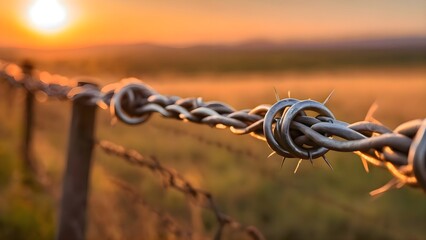 Barbed wire fence silhouetted against a sunset sky creating a dramatic contrast between sharp metal lines and warm evening light in a quiet outdoor scene with strong atmospheric tension