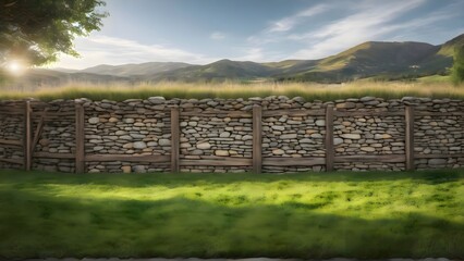 Mountains rising in the distance behind a stone wall with a wooden fence creating a layered outdoor landscape blending natural peaks rocky textures and simple human made boundary elements
