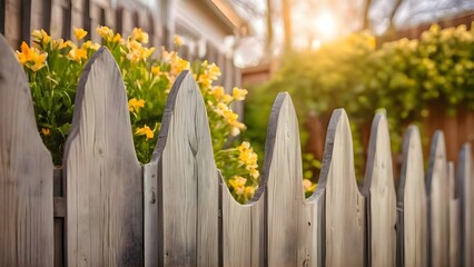 Wooden fence with yellow flowers growing behind it, forming a simple natural scene where the wooden structure stands in front of blooming yellow plants creating a calm composition