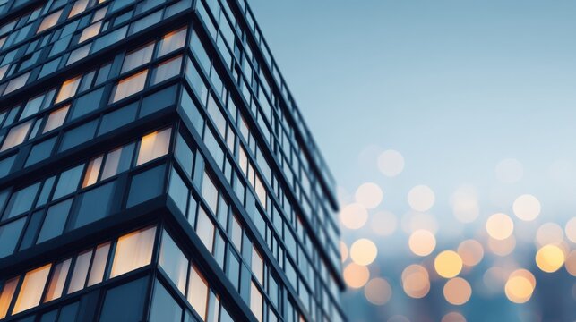 A modern building with reflective windows, illuminated at dusk, showcasing a geometric design against a bokeh background of soft lights.