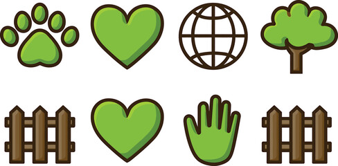 Green glossy eco icon set with paw prints, heart symbol, earth globe, tree illustrations, cute bird graphics, nature elements and fence icons, bright environmental 3D style vector collection