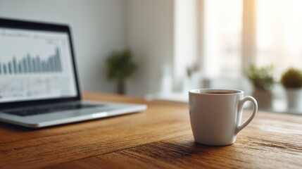 A cozy workspace featuring a laptop with graphs and a steaming cup of coffee on a wooden table, illuminated by warm sunlight.