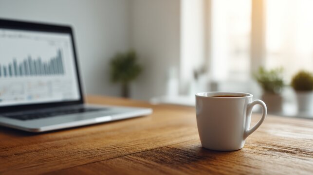 A cozy workspace featuring a laptop with graphs and a steaming cup of coffee on a wooden table, illuminated by warm sunlight.