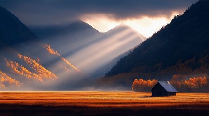 A solitary wooden cabin sits in a golden meadow, bathed in dramatic sunbeams piercing through mist and clouds in a mountainous valley during autumn.