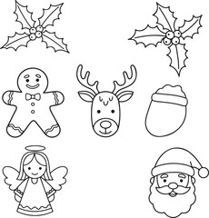 Naklejka premium Christmas doodle set with Santa Claus reindeer and gingerbread man