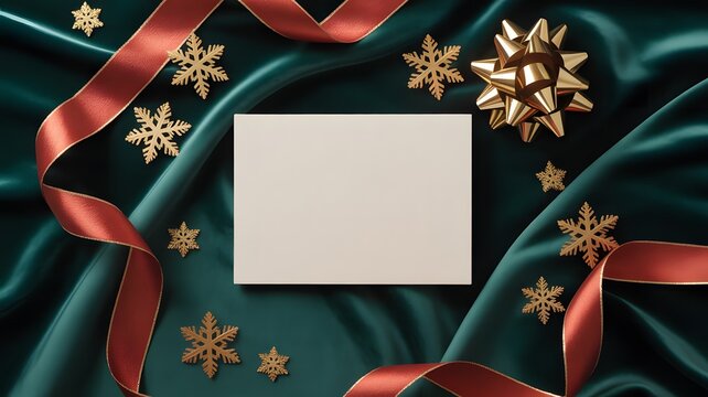 Festive christmas flat lay with red ribbon and golden snowflakes on green satin