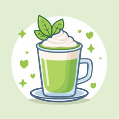 Pixel Art Matcha Latte With Whipped Cream and Mint Leaves On A Saucer With Sparkle Decorations