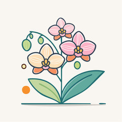 Delicate Orchid Flowers With Green Leaves And Soft Pink And Yellow Petals In Minimalist Style On A Light Background