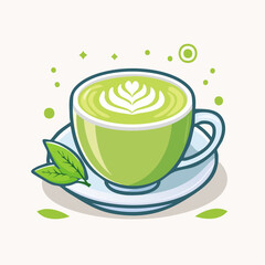 Green Matcha Tea Beverage in a White Ceramic Cup with Latte Art and Fresh Leaves on a Saucer White Background