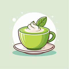 Pixel Art Matcha Latte With Whipped Cream And Mint Leaf In A Green Cup On A Saucer Against A Light Green Background