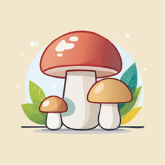 Three Cartoon Mushrooms With Red And Brown Caps And Green Leaves In A Soft Yellow Background