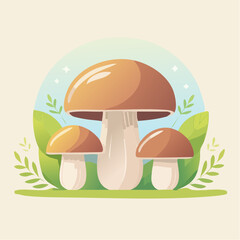 Three Brown Cap Mushrooms With Green Leaves And Twigs On A Light Orange Background With A Faint Blue Aura