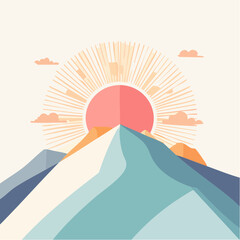 Serene Mountain Peaks Under A Radiant Rising Sun With Soft Clouds And Warm Hues Illuminating The Landscape In A Minimalist Style