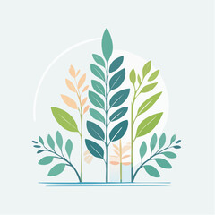 Abstract Botanical Illustration of Green and Peach Leaves with Blue Water Element on Light Blue Background