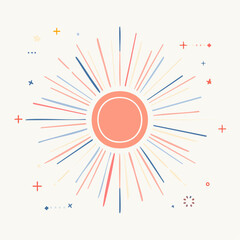 Retro Sunburst Graphic With Coral Center And Pastel Rays On Cream Background With Small Decorative Elements