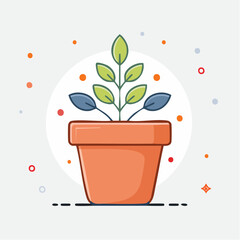 Simple Illustration of a Small Plant Growing in a Terracotta Pot with a White Circle Background and Colorful Dots Decoration
