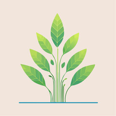 Stylized Green Plant With Large Leaves Growing Out Of A Thin Blue Line On A Light Cream Background Minimalist Nature Graphic