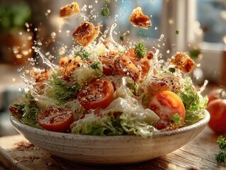 Fresh Salad with Dynamically Splashing Ingredients in White Bowl, Bright Kitchen with Natural Lighting
