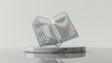 Glass Book on White Marble Pedestal: A Modern Symbol of Knowledge and Transparency.