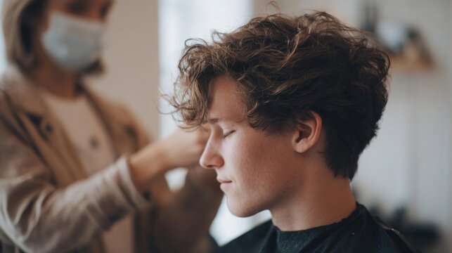 Young man sitting in a barber's chair with his eyes closed. he has curly hair and is wearing a black cape. a hairdresser is standing behind him, wearing a beige coat and a face mask. - Powered by Adobe