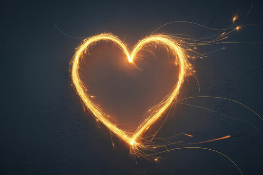 Sparkling heart shape created by light trails against a dark background ideal for Valentines Day celebrations - Powered by Adobe