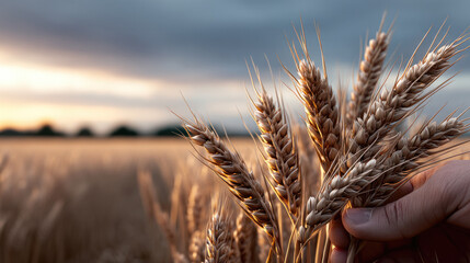 Fototapeta premium Golden wheat stalks in hand sunlit field agriculture rural landscape harvest season natural grain countryside evening sky