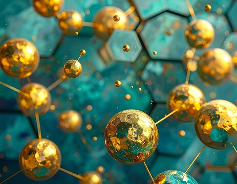 Close-up view of golden spheres interconnected over a hexagonal surface