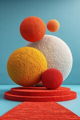 Abstract colorful spheres arranged on a red podium against a blue backdrop for a bold design image