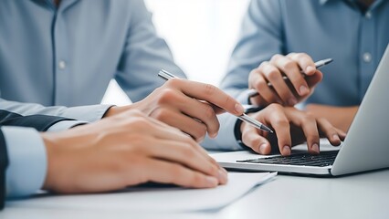 Professional team collaborating on project using laptop and pens, perfect for business meetings, strategizing, and innovative solutions in modern workplaces