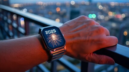 Man's Wrist Showing a Fireworks Celebration Display on Wristwatch Overlooking Urban Twilight