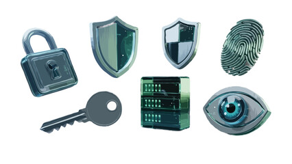 Cybersecurity and Data Protection Icons – 3D Set Featuring Padlock, Shield, Fingerprint, Key, and Server