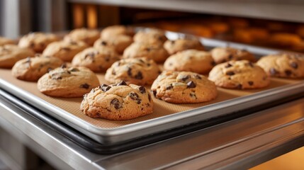 Warm chocolate chip cookies rest on a baking tray, just removed from the oven, golden brown and inviting. The cozy kitchen glows softly with a setting sun