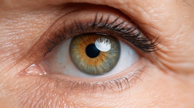 Presbyopia Woman concept Close-up of a human eye showcasing iris details and textures.