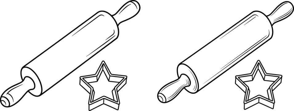 Rolling Pin and Star Cookie Cutter Outline Vector, Kitchen Baking Tools and Holiday Treat Preparation