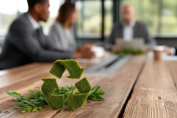 Eco friendly business meeting with green recycling symbol on wooden table, promoting sustainability and environmental awareness in workplace