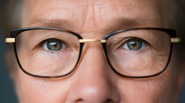 Presbyopia Woman concept Close-up of an older person's eyes wearing glasses.