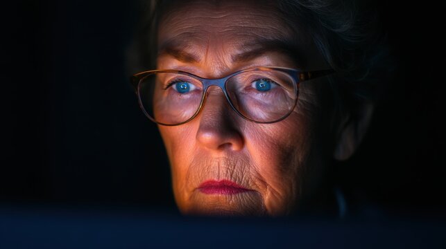 Presbyopia Woman concept Focused elderly woman illuminated by screen light.