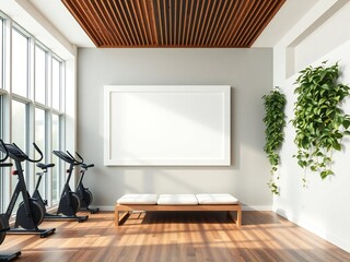 Modern home gym with exercise bikes and large blank frame on wall